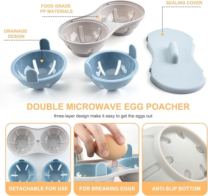 Egg Poacher Microwave Egg Cooker, 2 Cavity Edible Silicone Double Drain Poached Egg Cups, Microwave Egg Poacher Kitchen Cooking Gadgets