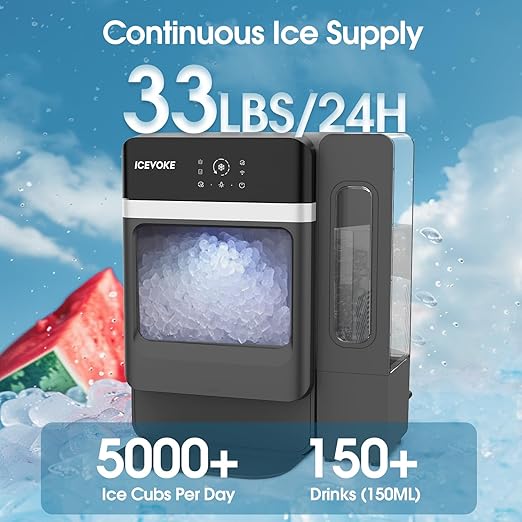 Nugget Ice Maker Countertop with Water Tank, Ready in 10 Mins, 34lbs Per Day, Auto-Cleaning, Chewable Ice Maker with Basket and Scoop, for Home/Party/RV/Camping (Black)