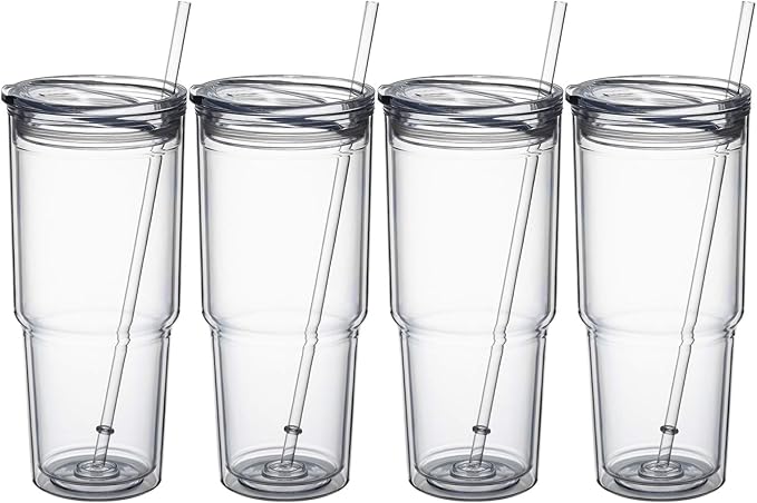 MEWAY 30oz/4 pcs Classic Insulated Tumblers,Double Wall Acrylic Tumbler with Lid，Reusable Plastic Insulated Tumblers with Straw，for cold drinks, sand ice, whatever you like(transparent,4 pack)