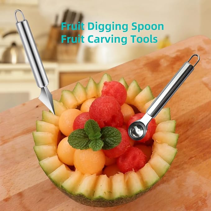 3 Pieces Watermelon Cutter Slicer Tools with 100PCS Disposable Plastic Fruit Forks,Stainless Steel Watermelon Cube Cutter Fruit Digging Spoon Carving Tools for Kitchen Gadget
