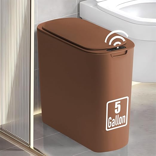 TIPGO 5 Gallon Motion Senor Bathroom Trash Can with Lid, Automatic Garbage Can Touchless, Smart Plastic Waste Basket for Narrow Spaces, Bathroom, Office, Bedroom, Living Room (Brown)