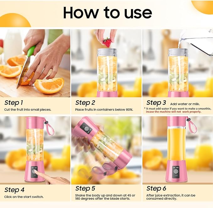 Portable Blender for Smoothies & Shakes - Cordless Personal Size Blender with 6 Blades, 380Ml Juice Cup, Lightweight & Rechargeable, Freshly Squeezed for Picnic/Sports/Office
