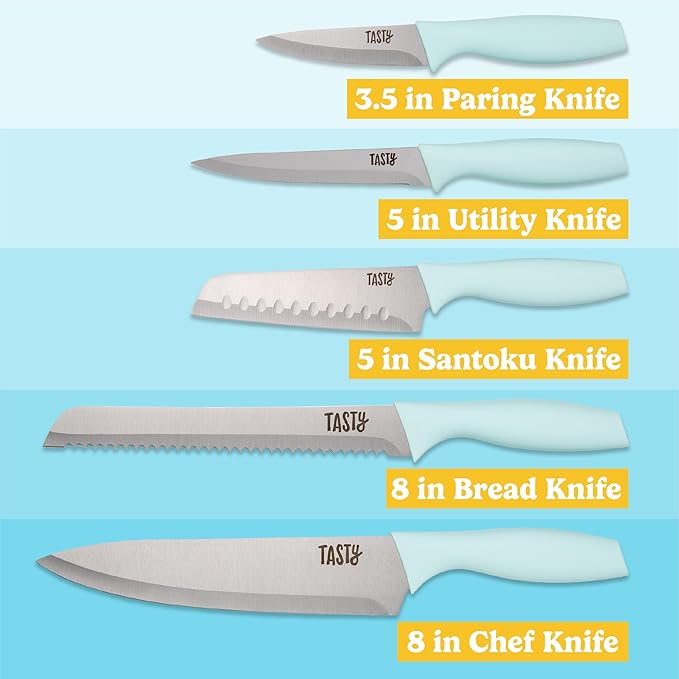 Tasty In-Drawer Kitchen Knife Set, Space-Saving Cutlery and Kitchen Organizer, Includes Chef, Bread, Santoku, Utility and Paring Knives, 6-Piece, Aqua