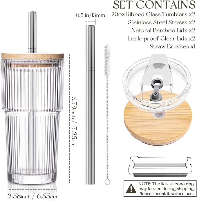 KEMORELA 20oz Ribbed Glass Tumblers with Bamboo & 2 in 1 Leak-proof Lids, Extra-Wide 13mm Reusable Stainless Steel Straws, 2Pcs Vintage Drinking Glasses for Boba, Iced Coffee, Smoothies,Travel Cups
