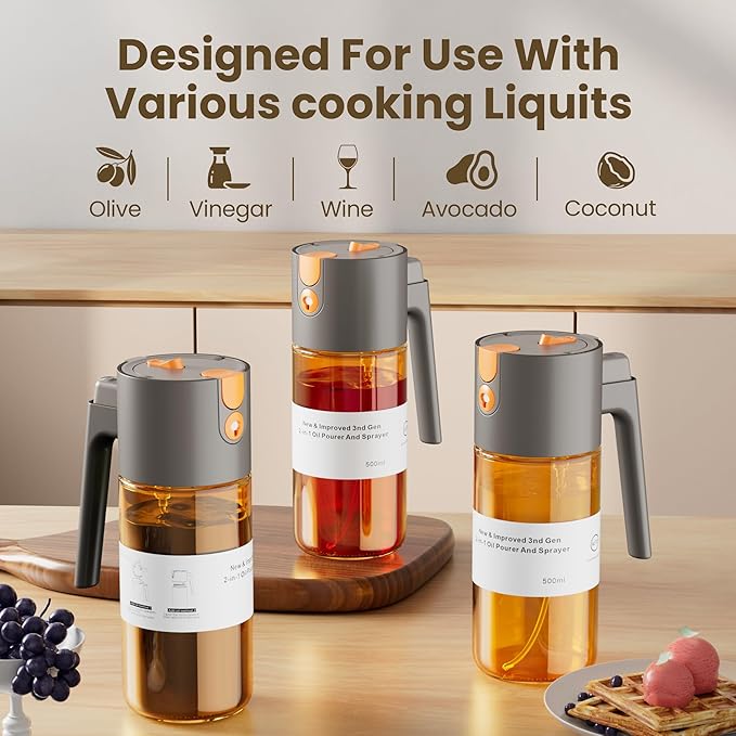 LAKUMIQI 2 in 1 Oil Sprayer for Cooking, 17oz Light-Blocking Glass Spray Bottle with Stickers, Oil Dispenser for Salad, Air Fryer & BBQ