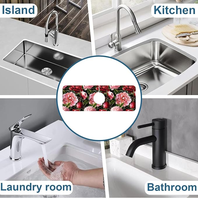 Blooming Peony Kitchen Sink Splash Guard Faucet Mat Pink Peony Flowers Super Absorbent Fast Drying Mat Sink Splash Guard Behind Faucet for Kitchen Bathroom, 15.5"x5.5"