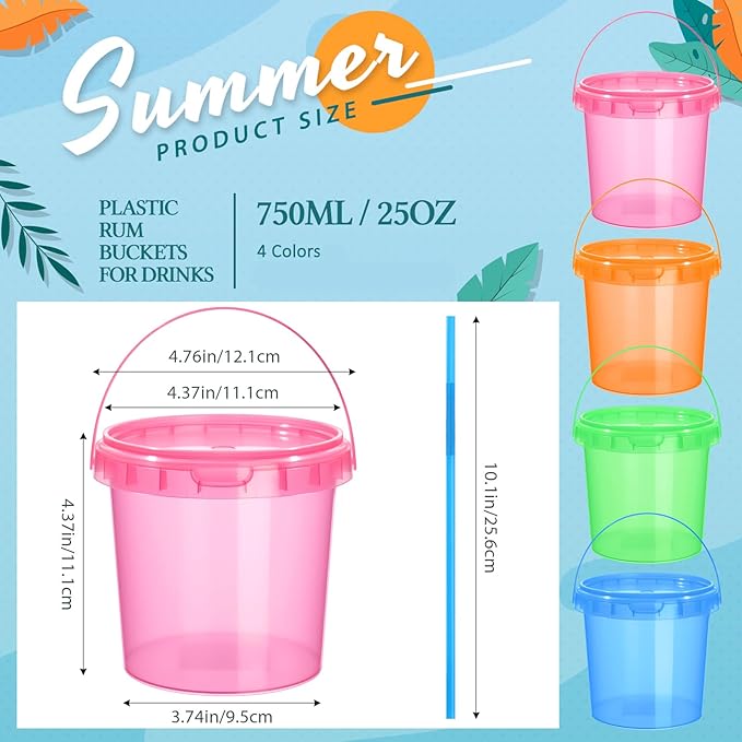 Funnymoom 72 Pack 25 oz Plastic Rum Buckets Bulks for Drinks with Straws Reusable Ice Cream Cocktail Cups Neon Party Bucket with Lids Handles Food Containers Cup for Summer Beach Bar Beer