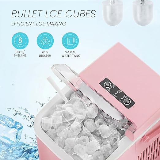 Ice Makers Countertop, Portable Ice Machine with Handle, 6 Mins 9 Bullet Ice Cubes with Basket and Scoop, 26lbs in 24Hrs, Auto-Cleaning, for Home, Kitchen, RV, Camping, Pink