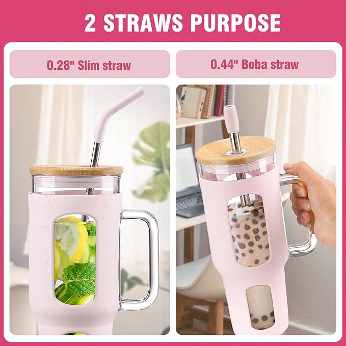 WINSA Glass Tumbler with Lid and Straw, 46 oz Iced Coffee Cup with Handle, Large Water Bottles with Silicone Sleeve, Glass Cup with Straws - Pearl Straw & Drinking Straw BPA Free-CottonPink