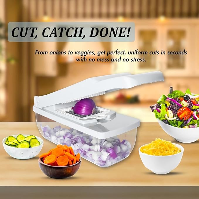 Kalmat Dynamics Food Chopper and Vegetable Slicer, 16-in-1 Multi-Function Kitchen Chopper with 7 Blades and Container, Free Black Cooking Apron (White+Green)