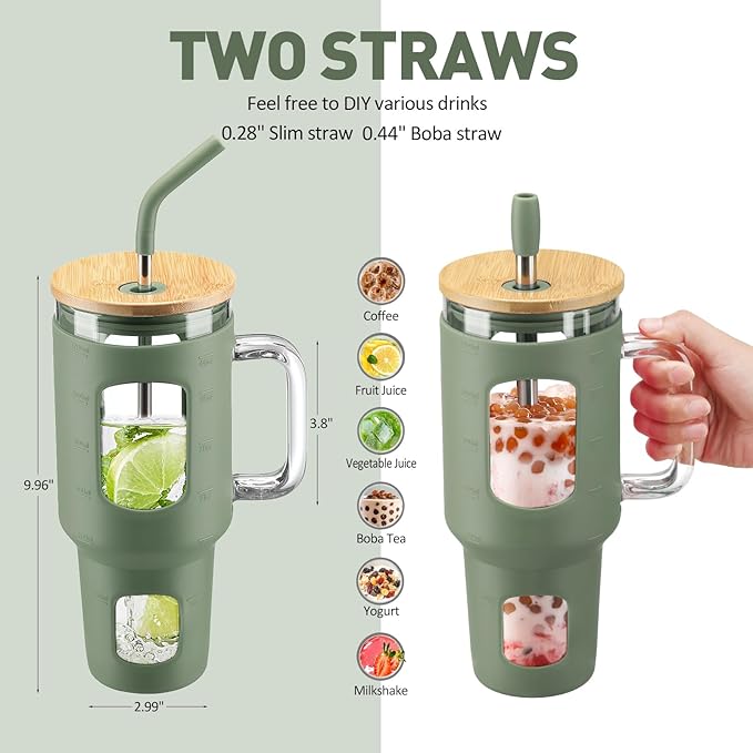 WINSA Glass Tumbler with Straw and Lid, 40 oz glass cup with handle, Glass Water Bottles with Time Marker, Silicone Protective Sleeve-Olive