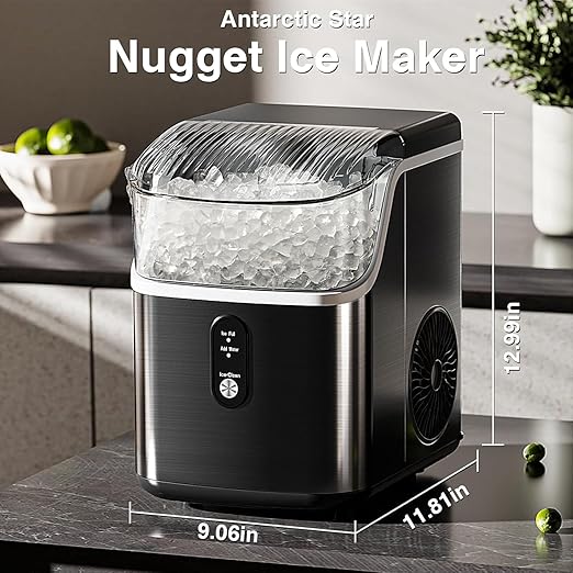 Antarctic Star Nugget Ice Makers Countertop, Portable Ice Machine with Ice Scoop & Basket, 34Lbs/24H, Self-Cleaning, One Click Operation for Office/Home/Bar (Stainless Steel Black)
