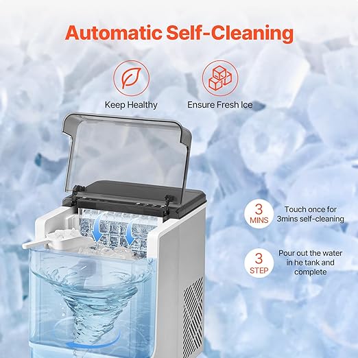 VEVOR Countertop Ice Maker, 32 Cubes Ready in 15 Mins, 46lbs in 24Hrs, Self-Cleaning Portable Ice Maker with Convenient Ice Transfer, Ice Machine with 2 Sizes Ice Cube for Home Kitchen Office Party
