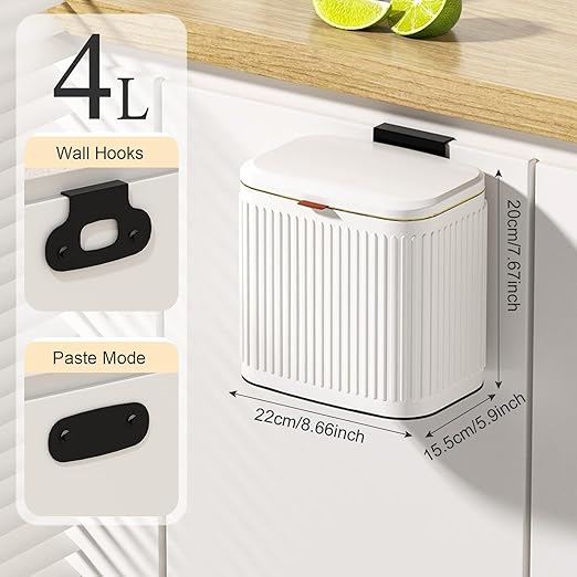 Hanging Trash Can with Lid, Stainless Steel Countertop Compost Bin with Removable Inner Bucket, Wall-Mounted Wastebasket for Cabinet, Under Sink, Bathroom, Office, Kitchen, 1.05 Gal/4L (White)