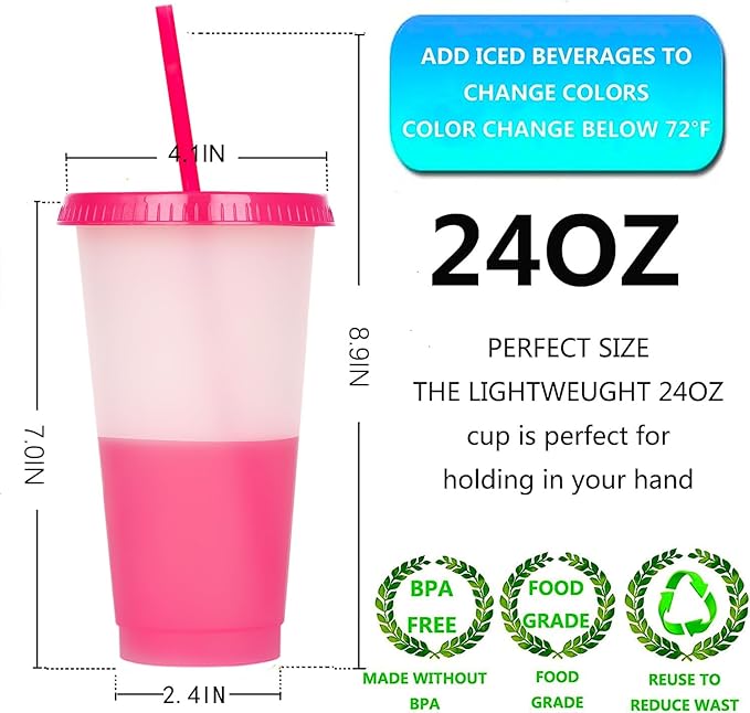 Color Changing Cups, 9 Pack 24oz Plastic Tumblers, Reusable Iced Coffee & Smoothie Cups with Lids and Straws for Parties and Travel (9, White)