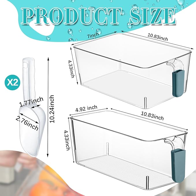 Havawish Ice Storage Bin and Flexible Scoop Set Plastic Freezer Bin with Pull out Handle Storage Bucket Clear for Container with Scoop(Dark Blue,10.83 x 7 x 4.33 In,10.83 x 4.92 x 4.33 in,Classic)