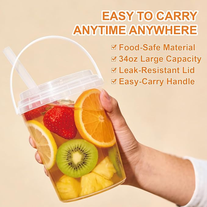 TTzycc 30 Sets 34 oz Drink Buckets with Lids and Straws, Reusable Clear Plastic Party Cups for Iced Coffee, Smoothies, Milkshakes, Sturdy & Durable Beverage Tubs for Lemonade, Pool and Beach Parties
