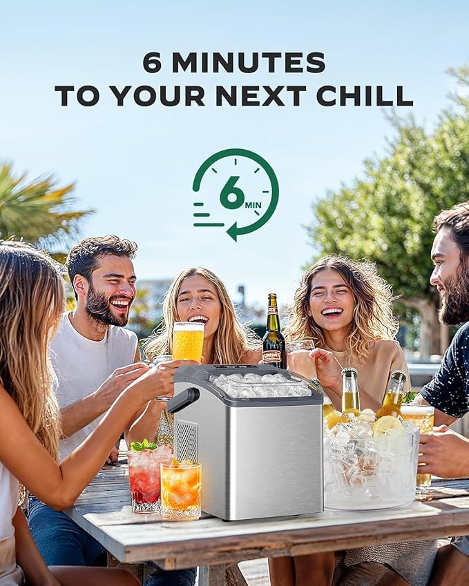 Silonn Stainless Steel Countertop Ice Maker, 26 lbs/Day Fast Ice Production in 6 Mins, Self-Cleaning Compact Ice Machine for Home, Kitchen, Office & Parties