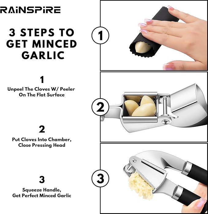 Rainspire Premium Garlic Press Stainless Steel, Garlic Mincer Tool, Garlic Crusher Tool, Garlic Smasher Garlic Masher Includes Silicone Garlic Peeler & Cleaning Brush, Dishwasher Safe (Black)