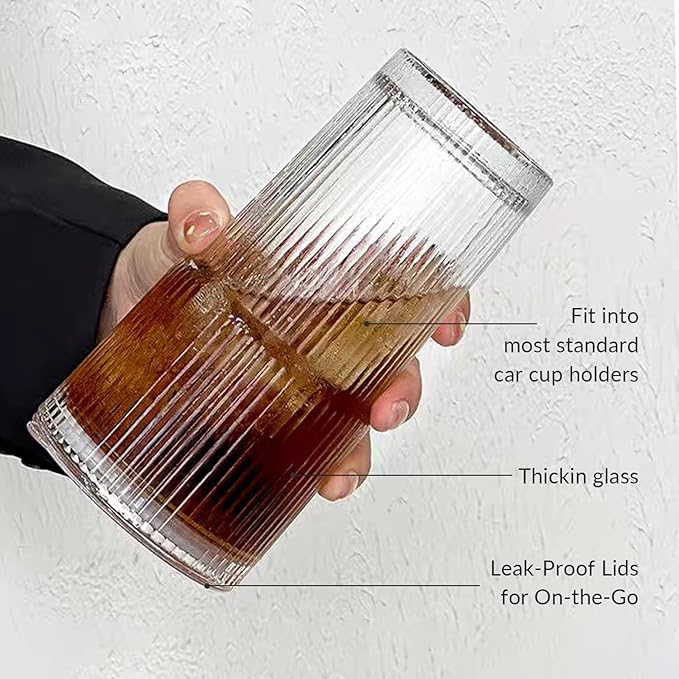 Puraville 20oz Glass Cup with Lid and Straw, Vintage Ribbed Glassware for Whiskey Cocktail Beer, Mason Jar Drinking Glasses Tumbler Iced Coffee Cup