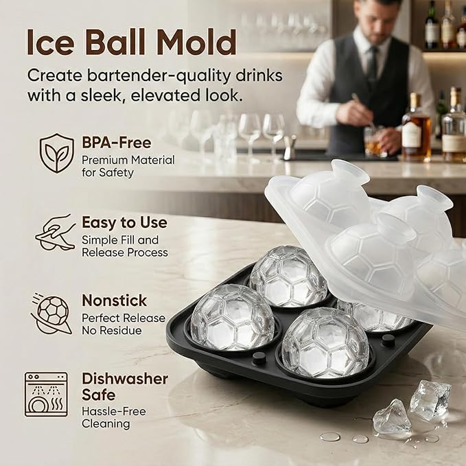2-Pack Silicone Ice Ball Molds – 1 Football + 1 Soccer, 2.2" Large Whiskey Ice Spheres, Easy-Release & Dishwasher-Safe, BPA-Free Ice Trays for Cocktails, Bourbon, Parties & Gifts