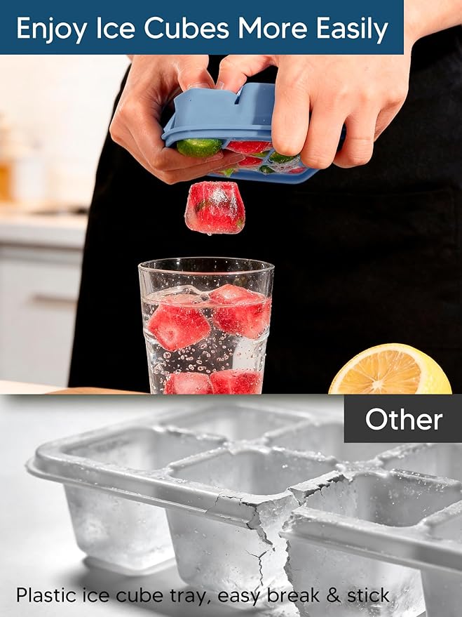 Silicone Ice Cube Trays with Lid, 2 Pack 30 Cubes, Easy Release Silicone Cube Molds, Reusable and Stackable Ice Cube Trays for Freezer, Covered Ice Cube Trays for Cocktails, Whiskey, Coffee