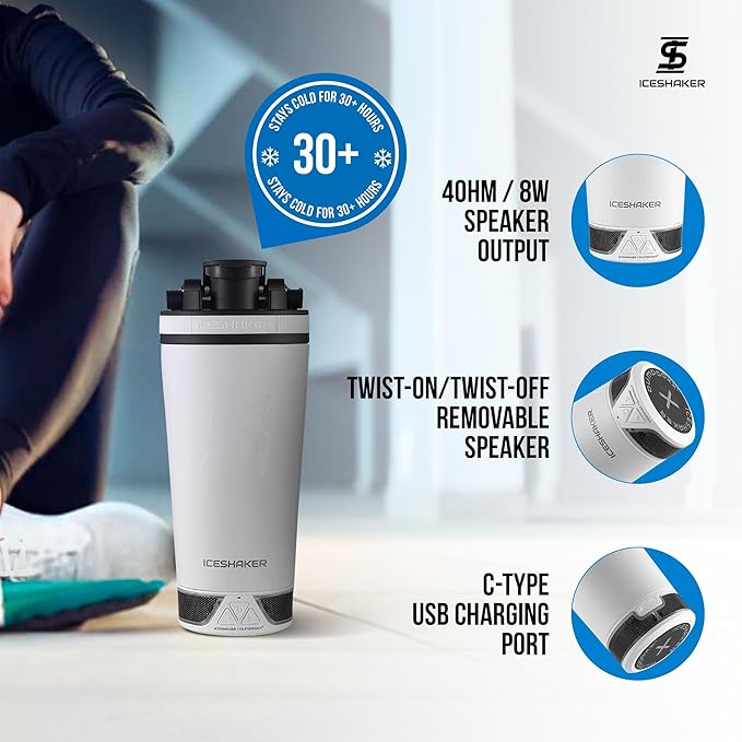 Ice Shaker X Bumpboxx Stainless Steel Shaker Bottle, White, Protein Shaker Bottle with Twist-on Bumpboxx Bluetooth Speaker, Leak-Proof Water Bottle Keeps Drinks Ice-Cold for Hours
