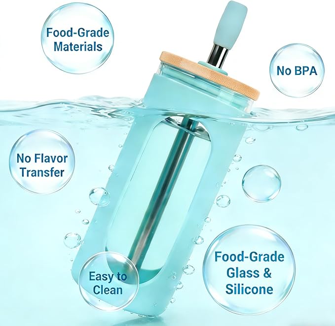 Sursip 20 oz Glass Tumbler with Lids and Straws, Reusable Borosilicate Glass Iced Coffee Cup with Bamboo Lid for Smoothie Boba Juice,Travel BPA-Free - Purple