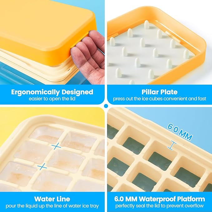 PHINOX Ice Cube Tray with Lid and Bin, Ice Trays for Freezer, Flexible Ice Cube Trays, Making 56 pcs Ice Cubes, Chilling Cocktail, Whiskey, Coffee, with 2 trays, Ice Container, Scoop&Cover, BPA Free