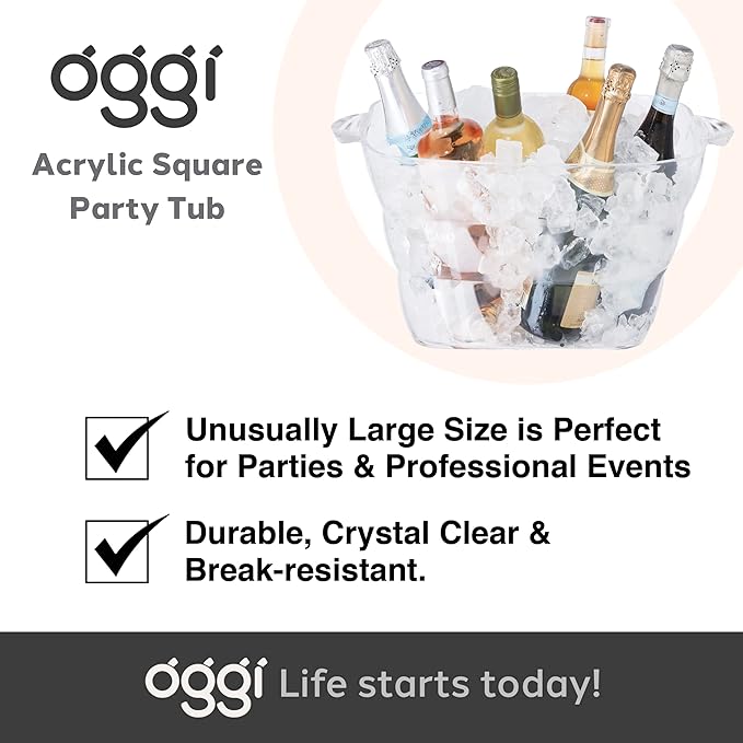 OGGI Acrylic Square Party Tub - Clear Beverage Cooler w/Handles, Wine Cooler, Beer Chiller, Ideal Party Tubs for Drinks, Use Ice Tub for Indoor or Outdoor Bars, 16.75" x 14"