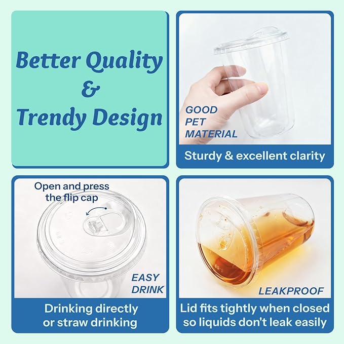 Homestockplus 15 oz Clear Plastic Cups with Lids (100 Pack) - Strawless Sip Lids, Leak-Proof & BPA-Free Iced Coffee Cups - Disposable Cold Drink Cups for Smoothies, Milkshake, Parties, Events