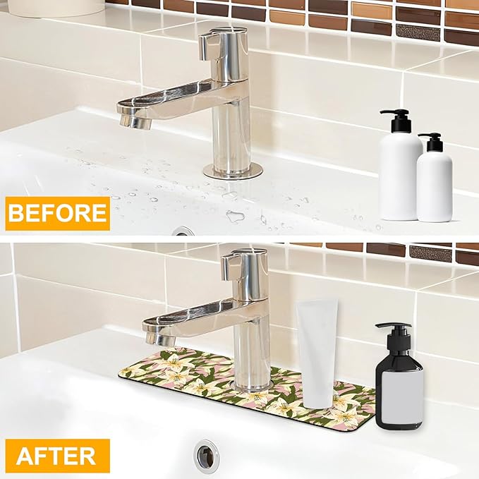 2 Pack Vintage Flowers Leaves Sink Faucet Absorbing Mat Colorful Llilies Super Absorbent Fast Drying Mat Sink Gadgets Behind Faucet Sinkmat for Kitchen Bathroom, 15.5"x5.5"