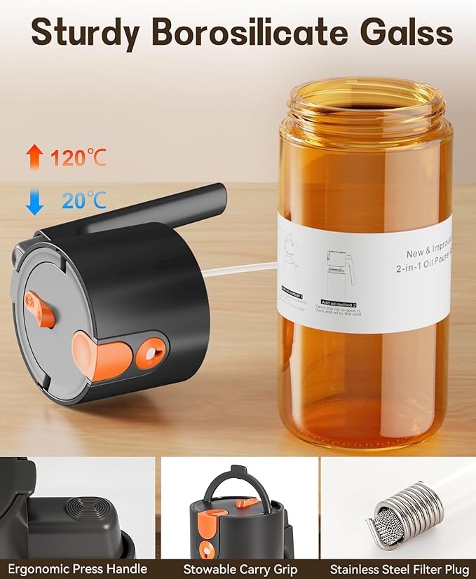 OURCABECUE Upgrade 2 in 1 Oil Sprayer for Cooking, 17oz Light-Blocking Glass Olive Oil Dispenser Bottle for Kitchen,Food-Grade Oil Mister with 8 Stickers for Salad, Frying(Amber Bottle-Black Gap)