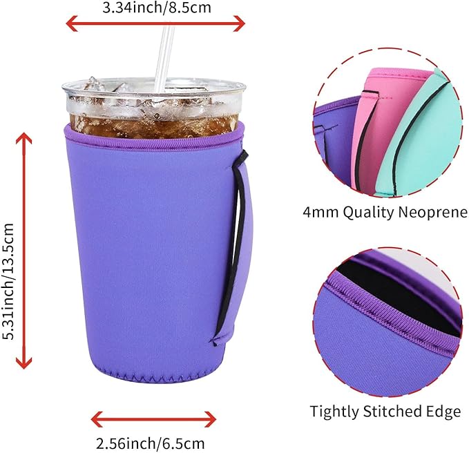 4Pack Reusable Iced Coffee Sleeve Insulator Sleeves for Cold Drinks Beverages, Neoprene Cup Holder for Most Coffee, Fits 22-24oz Medium Cups (Solid Color with Handle)
