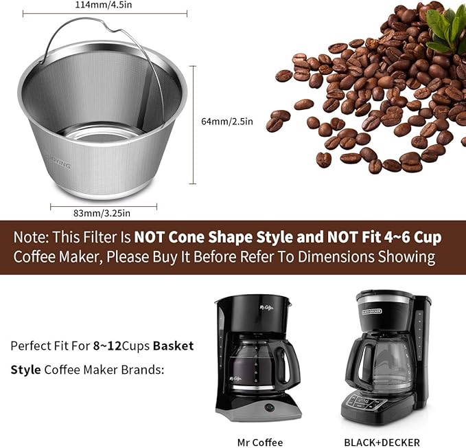Reusable Stainless Steel Coffee Filter for Cuisinart & Hamilton Beach 8-12 Cup Drip Coffee Makers, Permanent Replacement Filter, Ultra Fine Mesh, Dishwasher Safe, BPA-Free