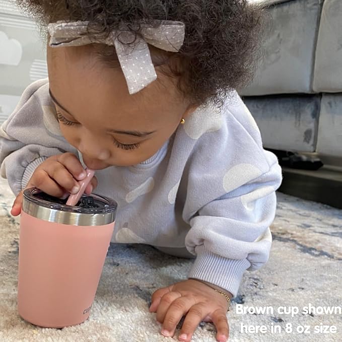 CUPKIN Toddler Tumblers, The Original 12 oz Stackable Stainless Steel Cups, Set of 2 Powder Coated Insulated Kids Water Bottle Alternative + BPA Free Lids + Reusable Silicone Straws (Brown + Peach)