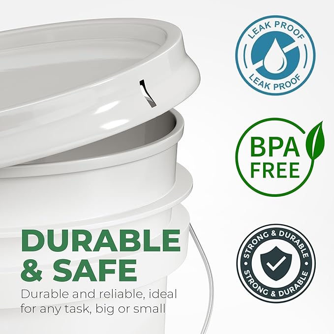 5-Gallon White Bucket Pail Container with Lid | Food Grade | Heavy-Duty Extra Durable | Metal Handles with Plastic Grip for Easy Carrying | Multi-Use | Easy Stack and Store | BPA Free -2 Pack