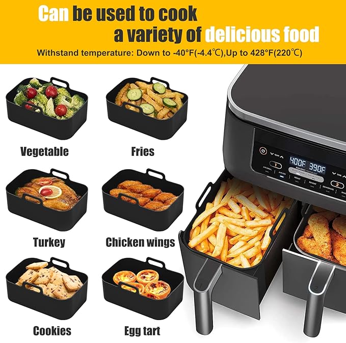 2Pcs Air Fryer Silicone Liners Rectangular for Ninja Foodi Dual DZ201 8QT/DZ090 6QT, MMH Reusable Non Stick Airfryer Dual Basket Accessories for Chefman 6QT/Instant Vortex Plus XL 8QT, Black