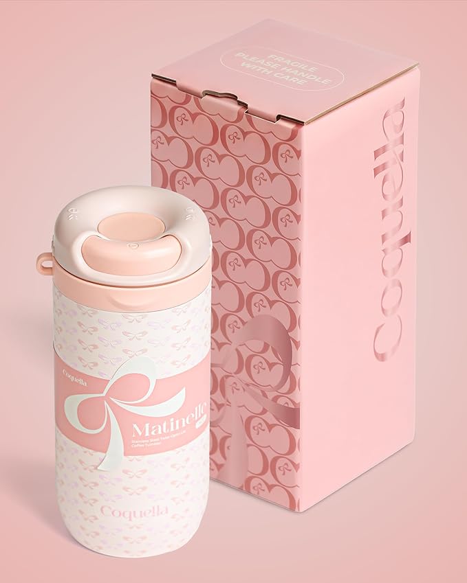15 oz Stainless Steel Coffee Tumbler with Twist-Open Lid, Insulated Travel Mug for Iced Coffee Cold Brew and Warm Beverages, Leakproof, BPA-Free, Cup Holder Friendly, Bow Charm, Coquette Pink