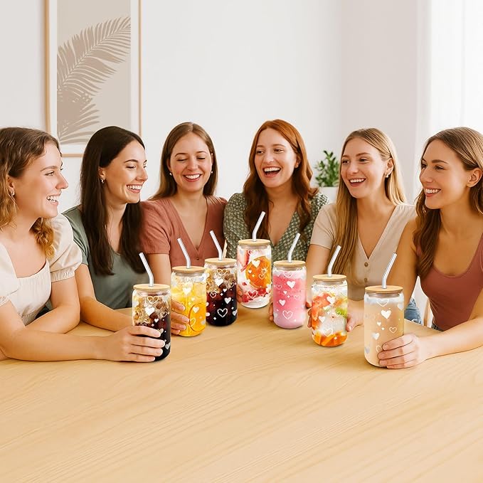 12pcs Glass Cups with Lids and Straws – 16oz Heart Pattern Drinking Glass Set – Reusable Iced Coffee Cups with Bamboo Lids, Glass Straws & Brushes – Party Drinkware for Girls, Roommates, Family