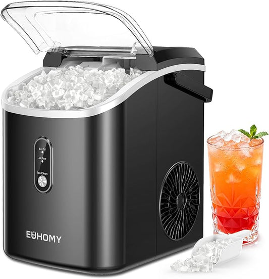 EUHOMY Nugget Ice Maker Countertop with Handle, Ready in 6 Mins, 35lbs Per Day, Removable Top Cover, Auto-Cleaning, Portable Sonic Ice Maker with Basket and Scoop, for Home/Party/RV/Camping