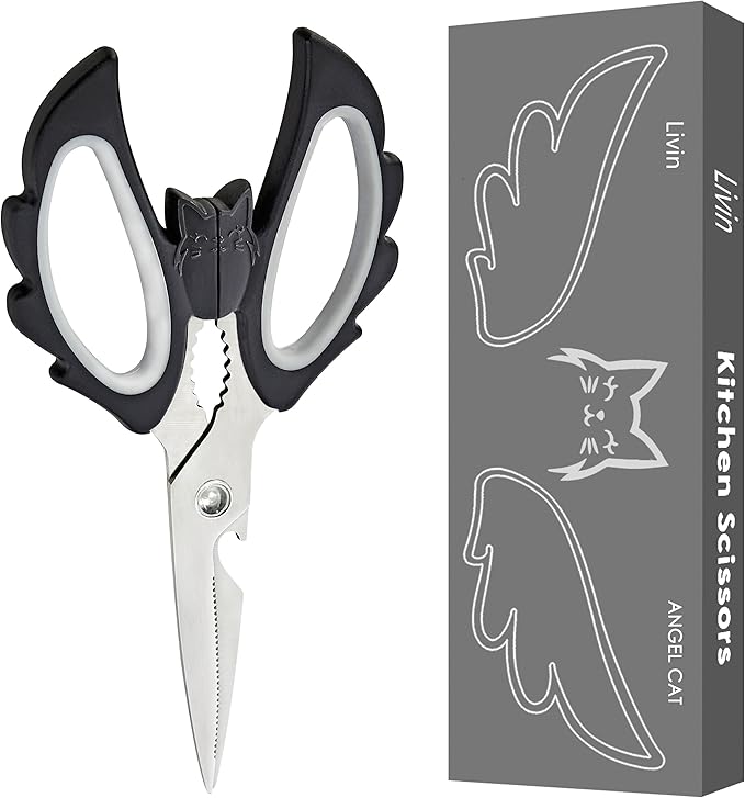 Livin Aesthetic Angel Wings & Cat Kitchen Scissors - Ambidextrous Large Grip Handle Shears for Right & Left Handed - Ergonomic Comfortable Food Scissors for Kitchen, Office & Crafting