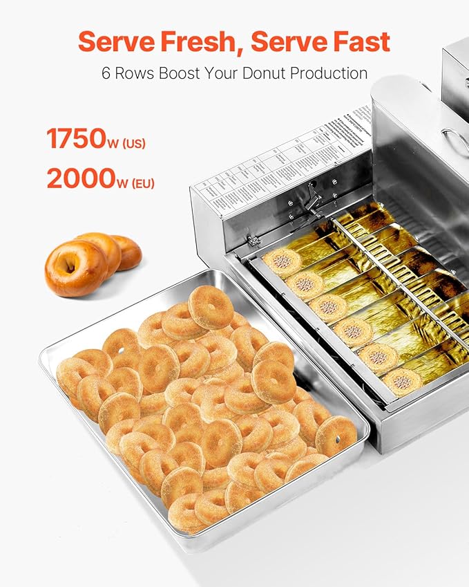 VEVOR Commercial Automatic Donuts Machine, 6 Rows Donuts Making Equipment, 360 pcs/hour Electric High Power Doughnut Maker, Stainless Steel Frying Auto Fryer, with Intelligent Control