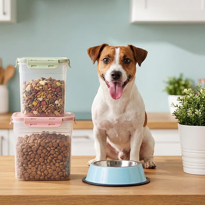 Patelai 6 Pcs Dog and Cat Food Storage Containers with Scoops Set Plastic Pet Food Storage Containers Stackable Airtight Dry for Kitchen 1.27, 2.4, 4 Qt (Pink,Blue,Green)