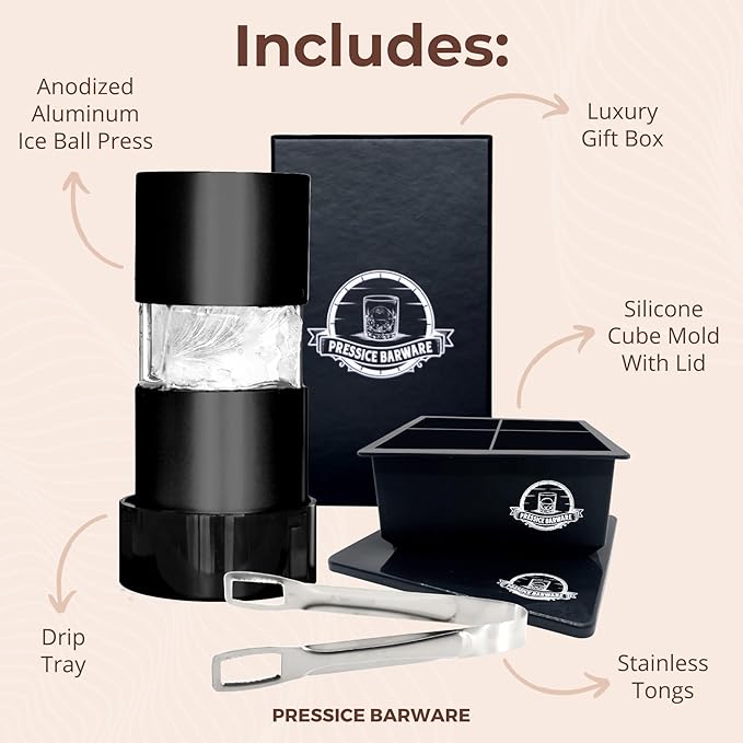 Ice Ball Press – Aluminum Ice Press – Create Effortless Large Spheres – Includes Ice Tray – USA Small Business (Black Finish)