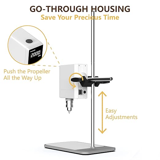 4E's USA Lab Overhead Stirrer - 40 Liter, 50000mPas, 50~2000 RPM Variable Speed with Stand and Stirring Rod, LED Lab Stirrer Mixer with Safety Sensors and Go-Through Design for Easy Rod Adjustment