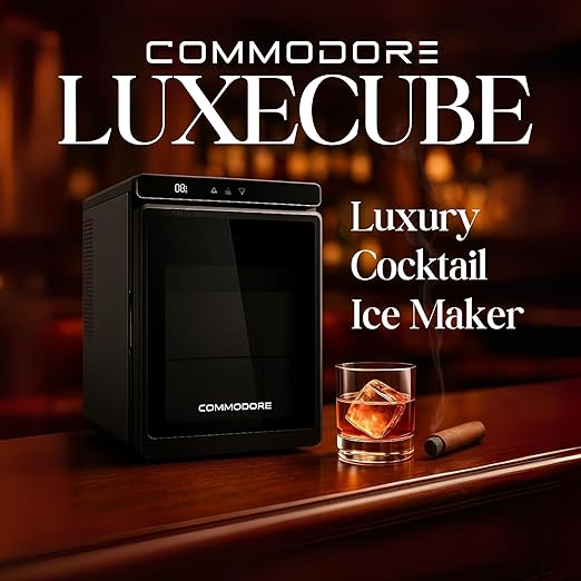 COMMODORE LUXECUBE Luxury Ice Maker – 115V AC Large Cocktail Ice Machine, Produces 9 Crystal Clear 1.5" Ice Cubes per Hour, Stores 18 Cubes, Built-in Quiet Operation, Self-Cleaning, ETL Listed