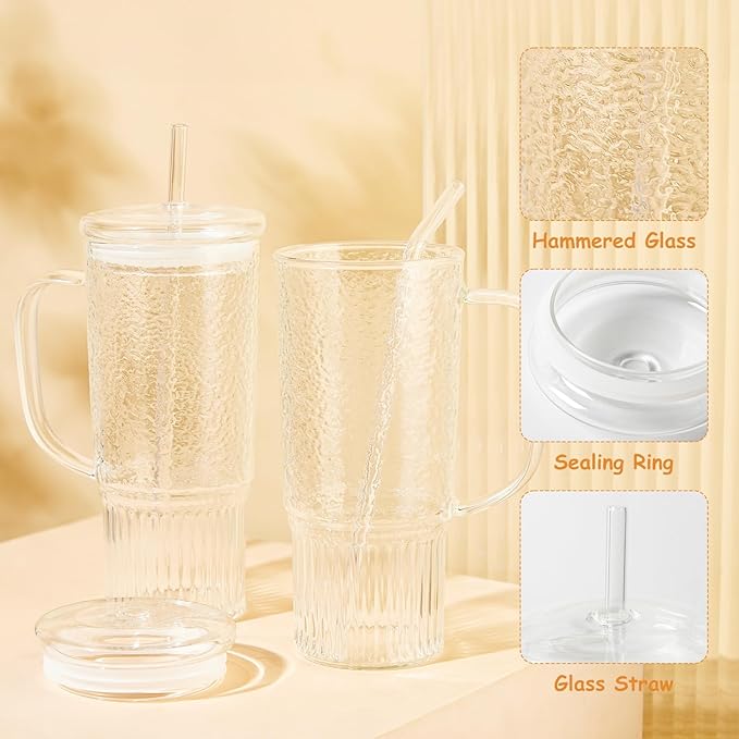 JunVpic Glass Cups with Lids and Straws,24oz Glass Tumbler with Handle Iced Coffee Cup for Coffee,Juice,Tea,Milk,Smoothie,Hot & Cold Drinks (Clear)