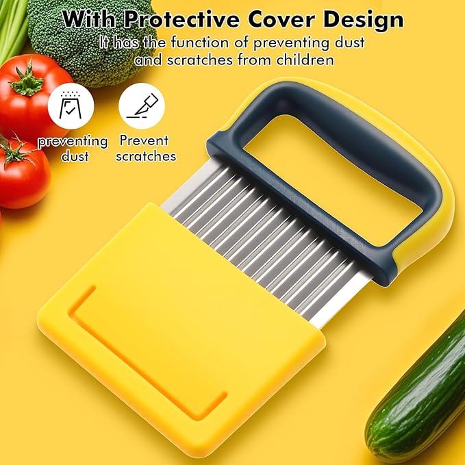 2 Pack Crinkle Cutter Set - French Fry Cutter for Potatoes, Premium Stainless Steel Potato Slicer, Safe Wavy Veggie Slicer with Blade Cover, Space-Saving Crinkle Knife