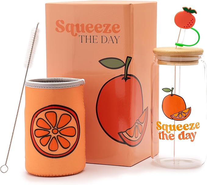 The Love Crate Co. Orange Gifts for Women - Glass Tumbler with Lid and Straw, Customized Straw Stopper and Cup Sleeve. Aesthetic Unique Design Iced Coffee Gift Cup for Mom, Teacher, Friend